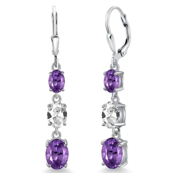 925 Sterling Silver with 5.20 Cttw 3 Stone Amethyst and White Sapphire Earrings
